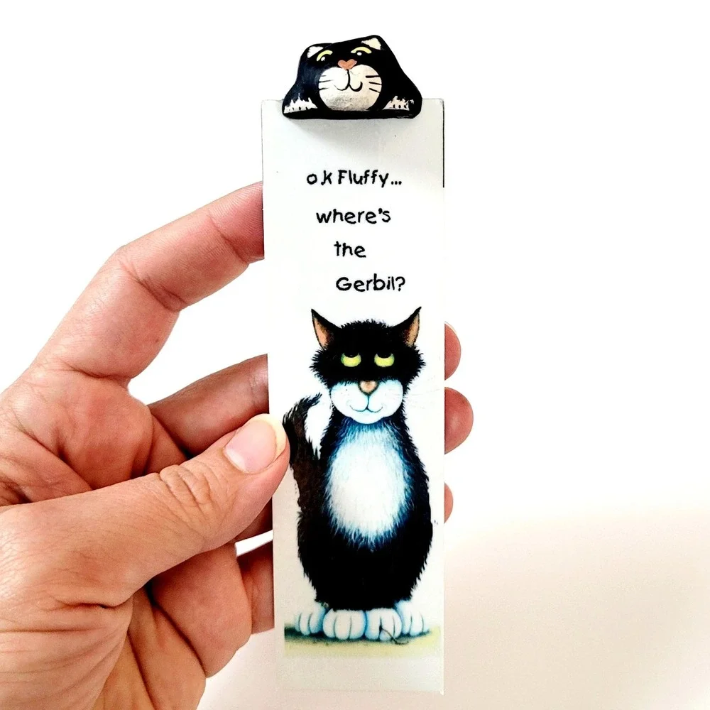 Vintage 90s Merryfield Pottery bookmark- black tuxedo cat- Mark Denman- Devon UK